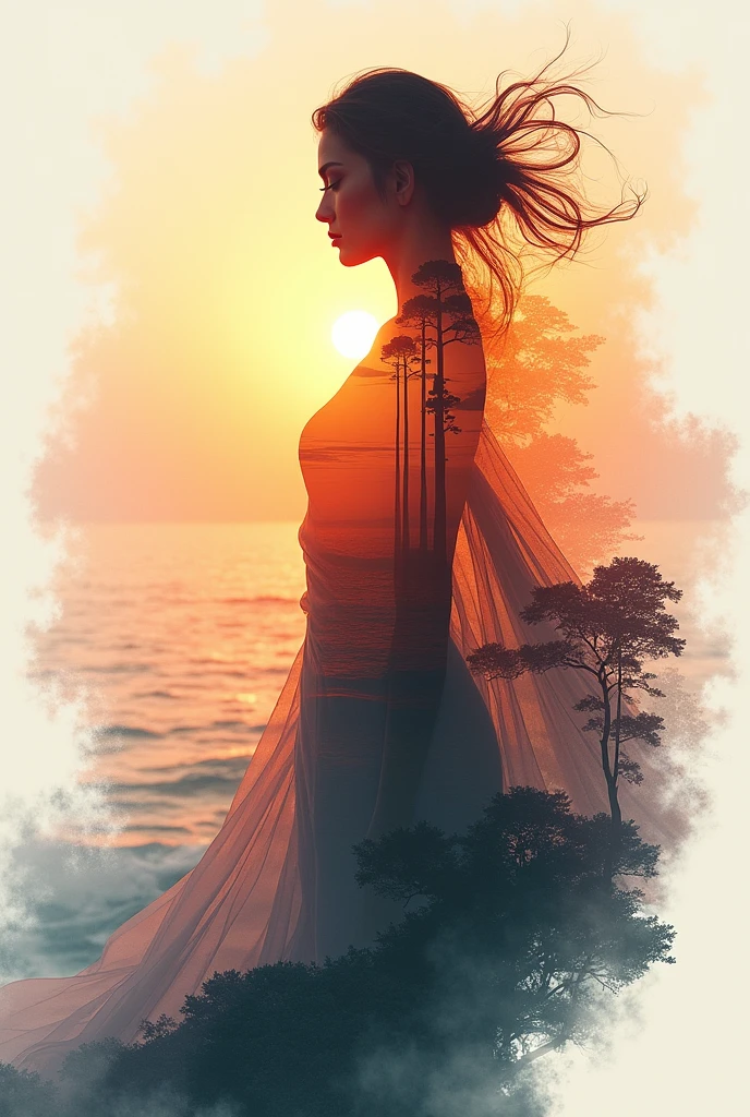 high quality, 8K Ultra HD, A beautiful double exposure that combines an goddess silhouette with sunset coast, sunset coast should serve as the underlying backdrop, with its details incorporated into the goddess , crisp lines, The background is monochrome, sharp focus, double exposure, by yukisakura, awesome full color,
