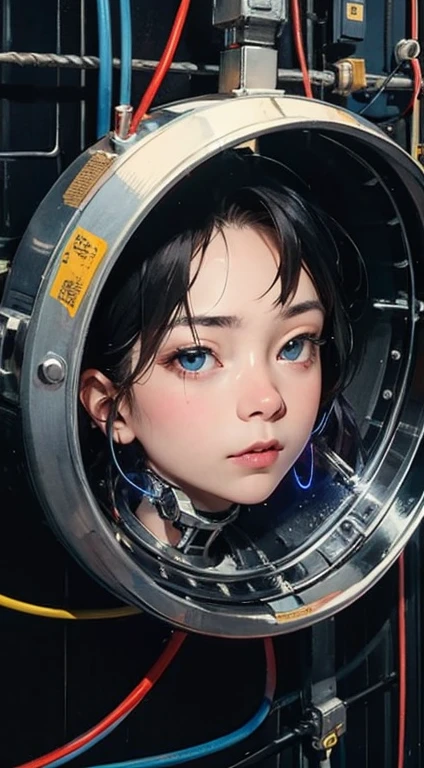 (highest quality, High resolution, masterpiece:1.2), Super detailed, realistic:1.37, (perfect anatomy),1 girl,cowboy shot,full body portrait,,close-up of woman, Cute and completely beautiful Japanese idol, 16 year old female model、Modified into a cute cyborg,, (blue led eyes:1.3), (white bio acrylic body:1.2), ,,detailed connection lines, Wires and cables connecting to the head, cybernetics, cyber 3ink, intricate decorative details, The background is the interior of a robotic operating room.,,monitor screen