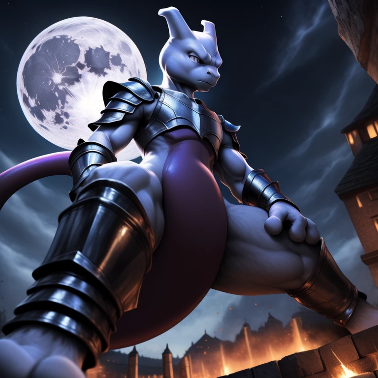 upload on e621, by allandox, anthro, male, (((detailed fluffy fur))), detailed realistic painting, (((shaded))), extreme detail, ((mewtwo, pokemon)), ((stoic expression:1.3)), full moon background, full body perspective, ((confident pose, side perspective:1.2)), ((red and silver armor:1.3))