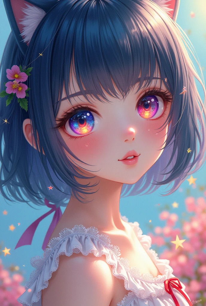 a beautiful detailed girl in a dynamic floating colorful dreamscape, masterpiece, 8k, hyper realistic, extremely detailed facial features, intricate hair, small breasts, detailed anime face, beautiful detailed eyes, gradient color eyes, colorful hair, striped hair, colorful background, high saturation, surrounded by colorful splashes, colorful bubbles, shining