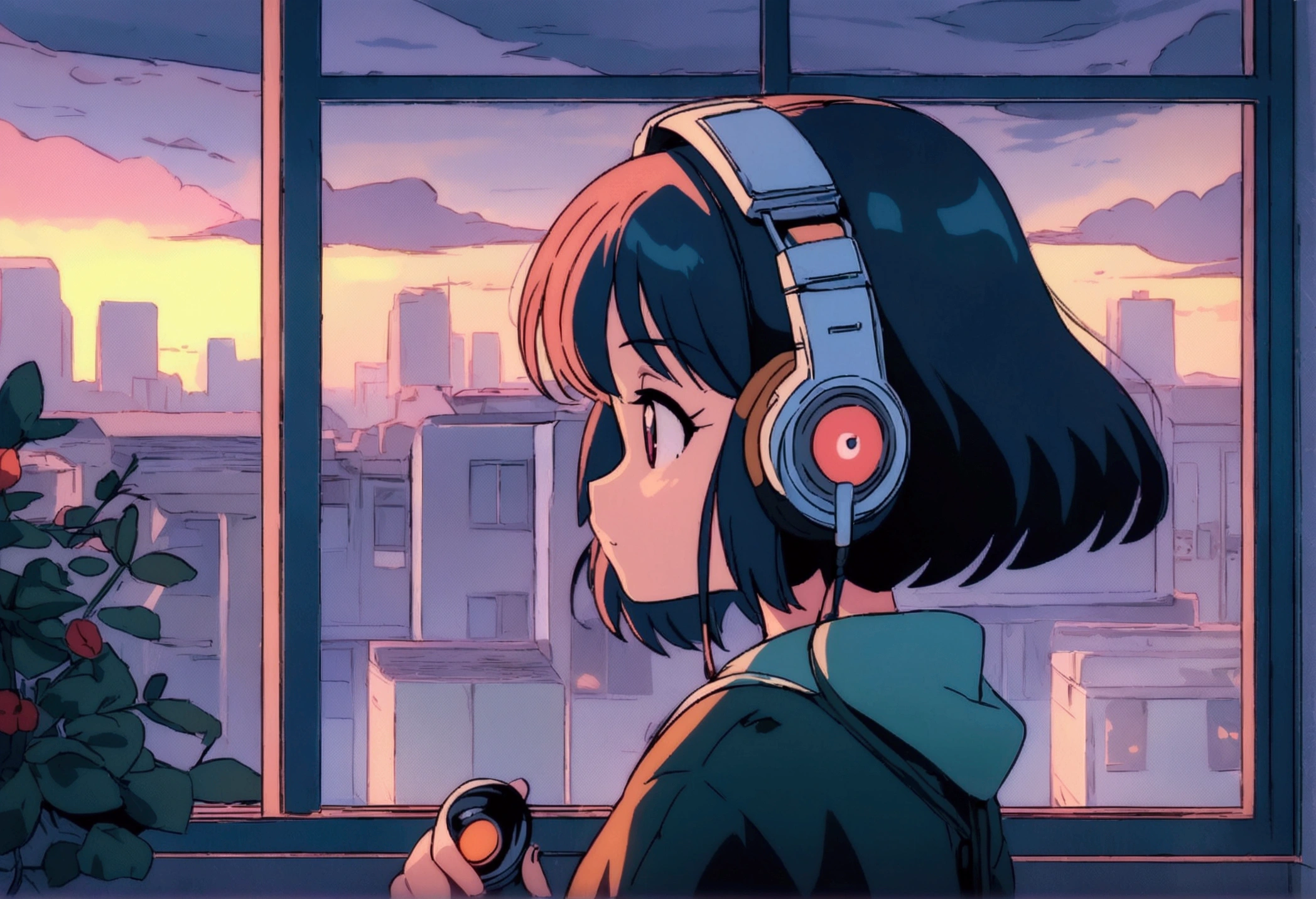 Anime girl wearing headphones looking out the window at the city, Lo-fi Girl, Anime atmosphere, Lofi Artstyle, Anime Style 4k, Anime Aesthetics, Nightcore, Lo-fi feeling, Lofi Art, anime art wallpaper 4k, anime art wallpaper 4k, anime wallpaper 4k, anime wallpaper 4k, An atmosphere of praise, Kaisei and Artgelm