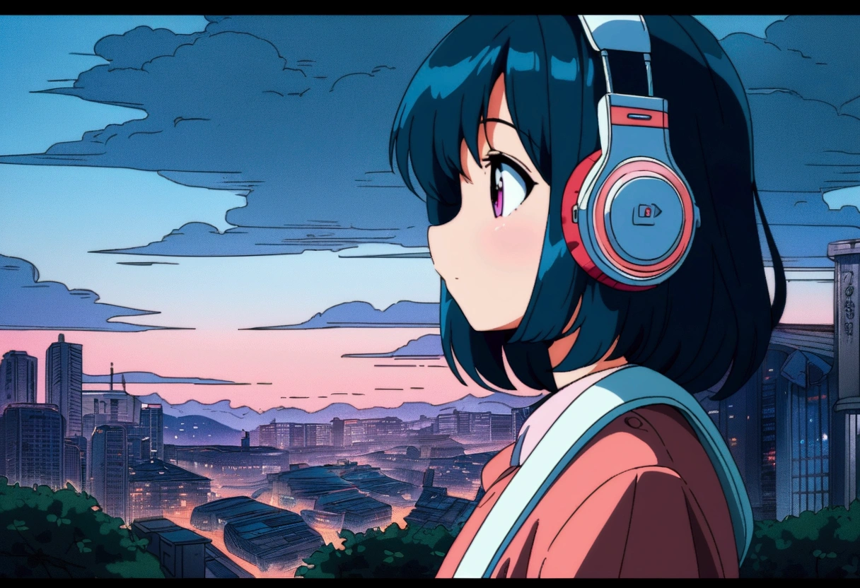 Anime girl wearing headphones looking out the window at the city, Lo-fi Girl, Anime atmosphere, Lofi Artstyle, Anime Style 4k, Anime Aesthetics, Nightcore, Lo-fi feeling, Lofi Art, anime art wallpaper 4k, anime art wallpaper 4k, anime wallpaper 4k, anime wallpaper 4k, An atmosphere of praise, Kaisei and Artgelm