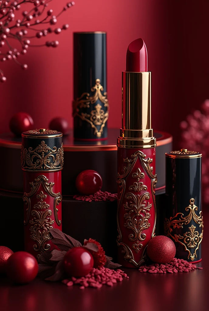 I want to create a makeup line, with 2 types of lipsticks, one dark red and the other medium brown, a mascara, and sparkling blue-white highlighters, and sparkling lilac, but in vintage glamour style packaging, with rococo style details in relief, in dark red colors, black and gold, with the brand name RedWine