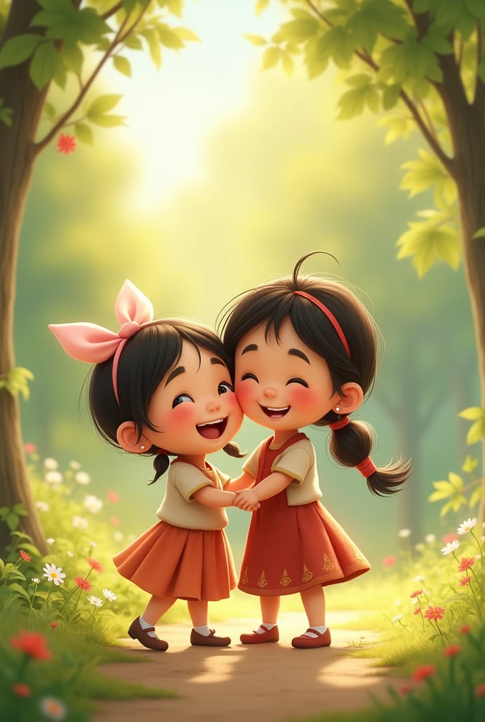 Two girls, one chubby and the other skinny, happy, Brown hair with red and pink clothes little girls 