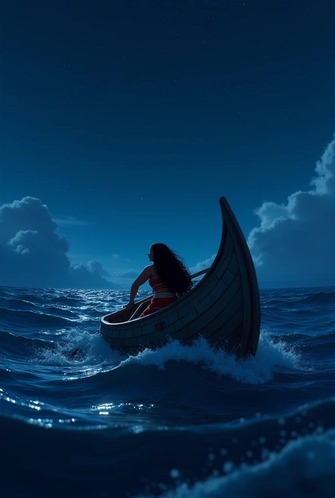 A background of Moana on her ark in the sea with the waves moving, at night, with Moana very close to the lower right corner, with the rear perspective and with the starry sky and a little more realistic 