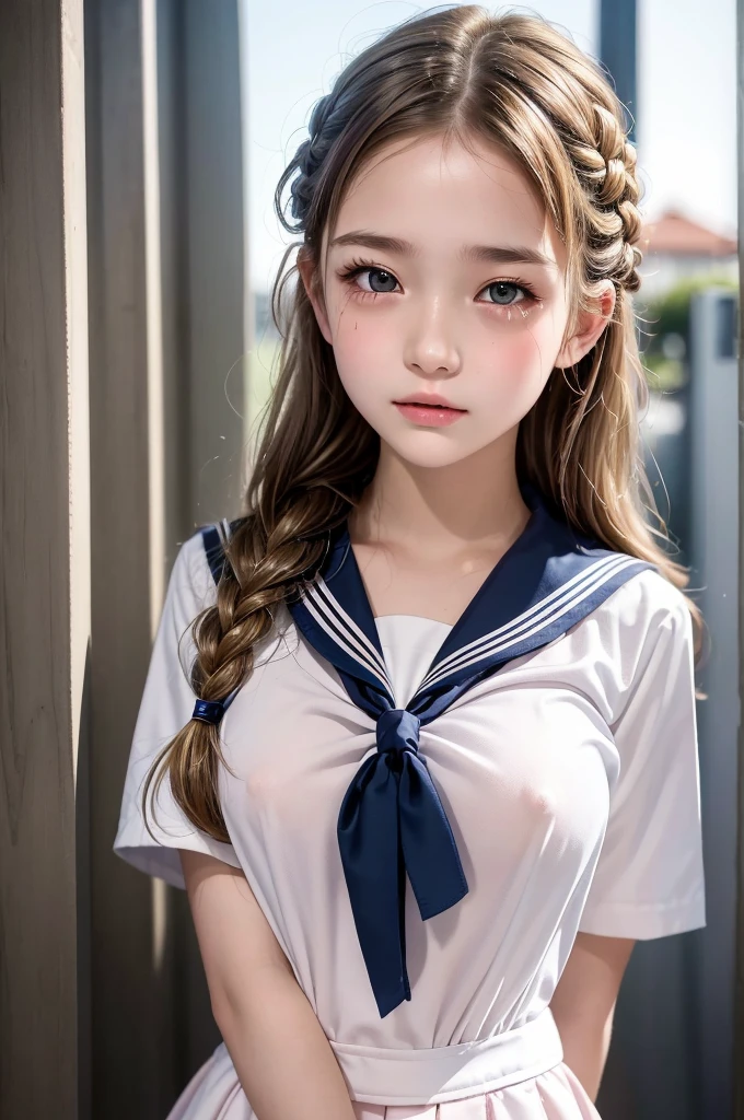 ((Highest quality)), ((masterpiece)), (detailed), (french braid blonde), haur ribbon, (A beautiful 16 year old girl:1.2), (Sailor suit:1.2), upper body shot, (covered nipples), (Blushed:1.3), shame, Confused expression, Half-open mouth, Shiny skin、Thin eyebrows、tears, Scenery in front of the school gate, Fresh morning breeze