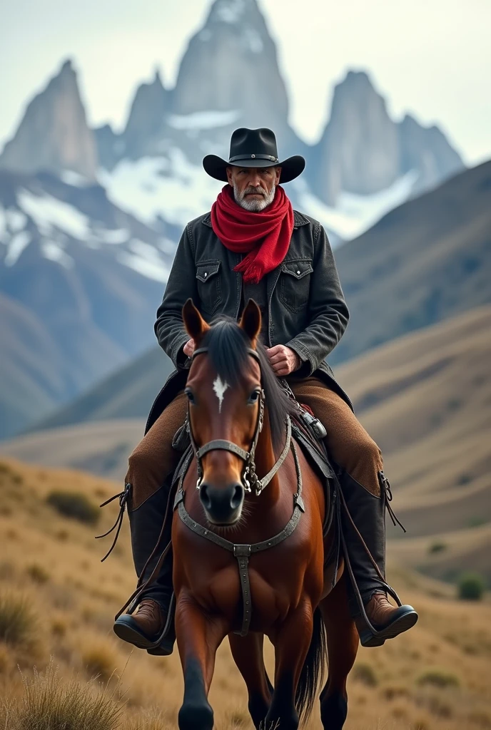 Cowboy on horse with black cap and red scarf around his neck in Torres del Paine 