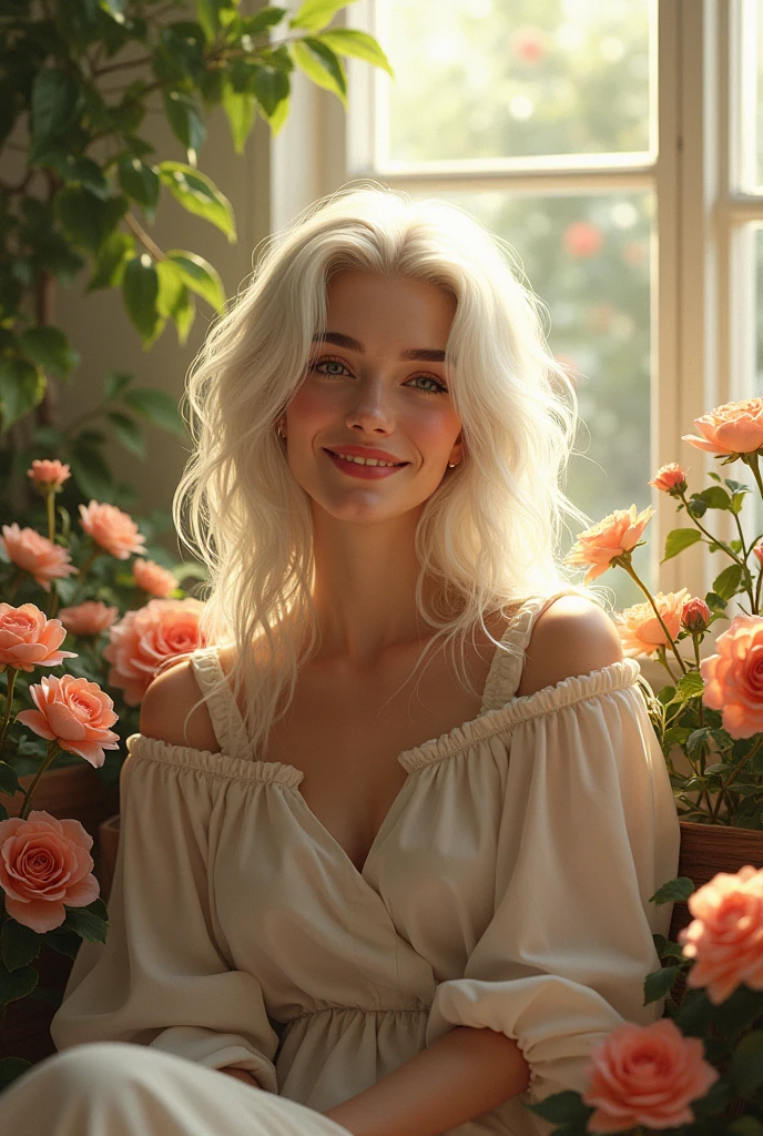 (photorealism:1.2), beautiful woman, smiling, white hair,  surrounded by flowers, soft lighting, plants in background, window with sunlight, cozy room, relaxed pose, realistic, intricate details, warm colors, by Greg Rutkowski, by Alphonse Mucha