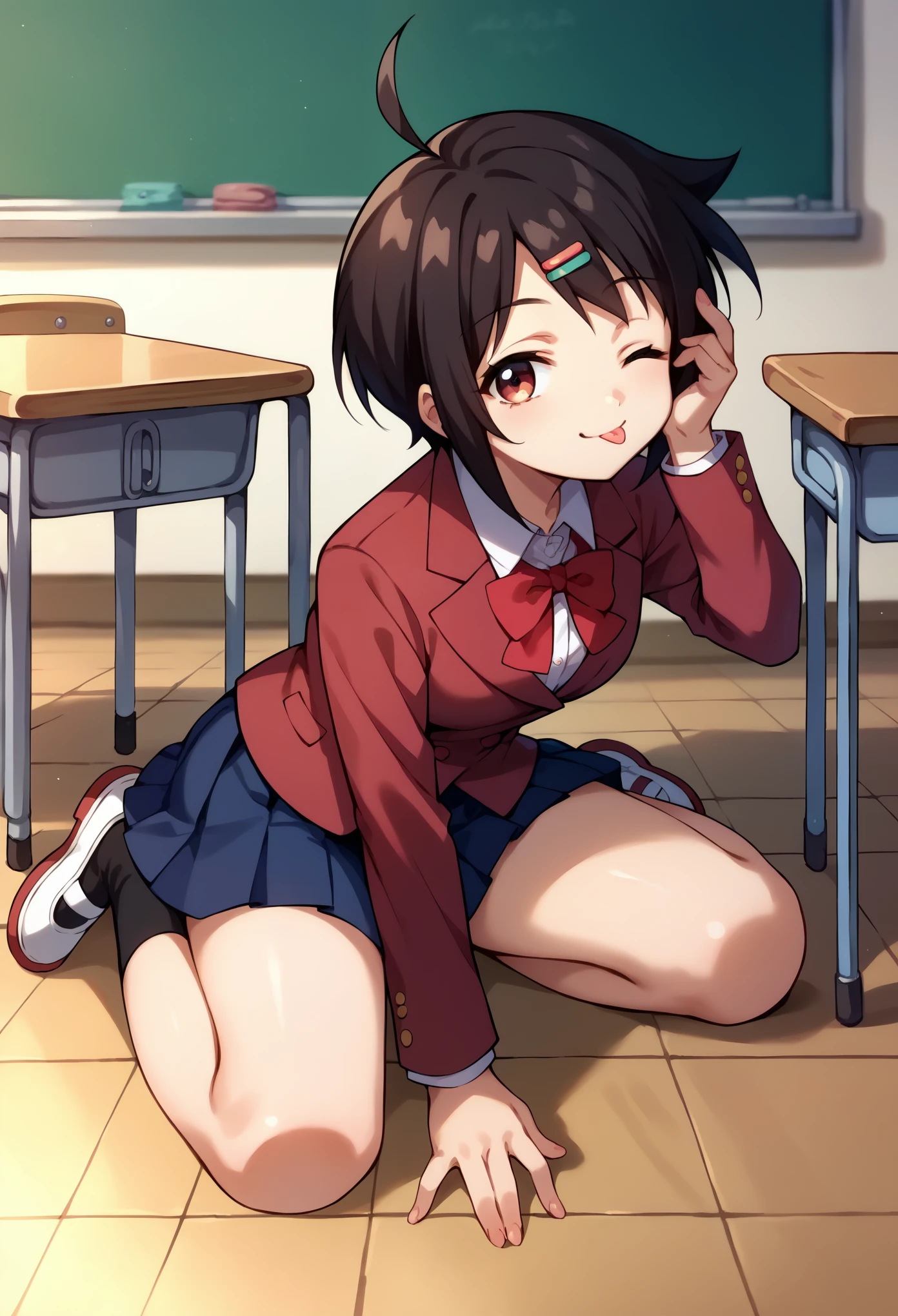 score_9, score_8_up, score_7_up, 1girl, solo, sakuTomo, black hair, short hair, ahoge,hairchip, maroon blazer, red bowtie, dark blue pleated skirt, shoes, sitting on ground, wink, tapping own head, happy, closed mouth, tongue out, looking at you, classroom