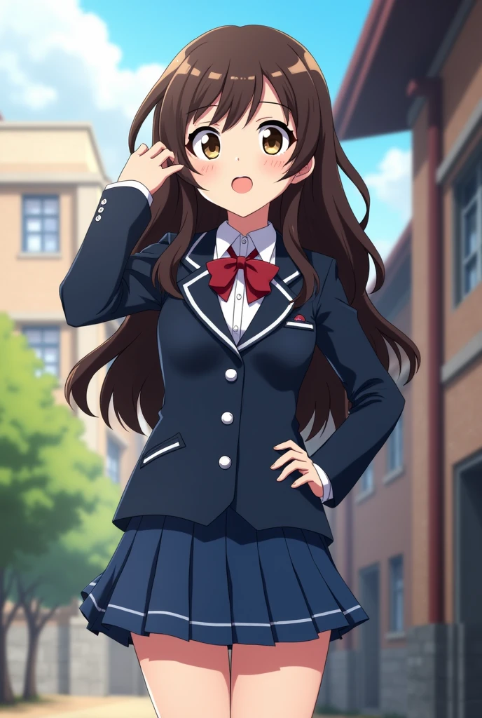 Boku no hero academia screenshot, Cute girl with long dark brown wavy hair, slanted eyes, Brown eyes, with a nice body, Boku no Hero Academy Uniform