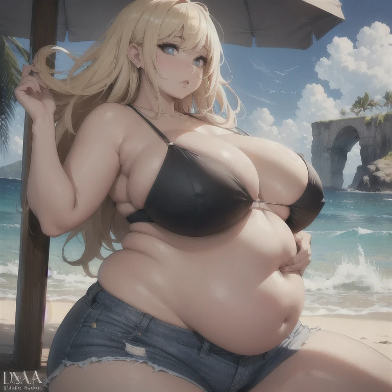 best quality, high rating, 8k, high resolution, beautiful face, gorgeous, masterpiece, ((flawless)), (((high rating))), (highly detailed face), masterpiece, full resolution, highly detailed skin texture, 8k, high resolution, beautiful face, 1woman, stuffed belly, chubby, c.cu(artist), blushyspicy(artist), wide eyes, embarrassed, surprised, shocked, large_breasts, wide_hips, big_butt, deep navel, burping, long hair, dark tanned skin, (huge chubby belly), soft belly, smooth belly, overweight, belly_grab, sitting, hyper boobs, tight clothes, grabbing belly, jean shorts, black bikini top, blonde hair, (hyper gigantic fatass)