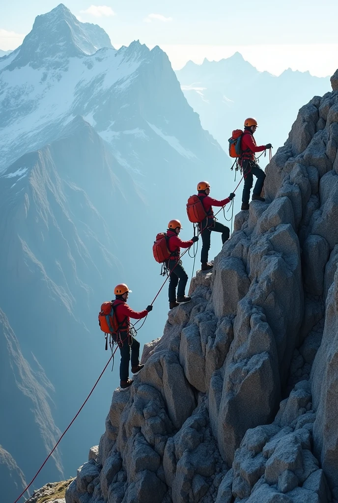 A group of experienced climbers, Practice rope rescue techniques in the mountains, Climbers show courage and tenacity as they reach the summit, Rely on a rope for support and safety. This scene captures a spectacular view from the top of the mountain., Highlights breathtaking heights and challenging terrain. In this tip、With the Emergency Response Team, Cutting-edge rope rescue technology. The entire scene was shot in Ultra HD (4K, 8k), To ensure maximum detail and realism. The scene is carefully lit in a studio-like environment, Increase visual impact. In this tip、The involvement of the International Rope Technology Association is highlighted。.
