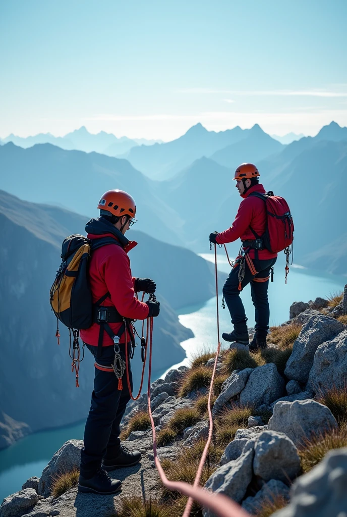 A group of experienced climbers, Practice rope rescue techniques in the mountains, Climbers show courage and tenacity as they reach the summit, Rely on a rope for support and safety. This scene captures a spectacular view from the top of the mountain., Highlights breathtaking heights and challenging terrain. In this tip、With the Emergency Response Team, Cutting-edge rope rescue technology. The entire scene was shot in Ultra HD (4K, 8k), To ensure maximum detail and realism. The scene is carefully lit in a studio-like environment, Increase visual impact. In this tip、The involvement of the International Rope Technology Association is highlighted。.