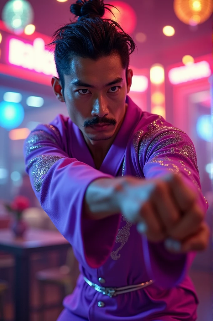 Make a Japanese man with a thin mustache, in purple disco outfit in fighting stance.