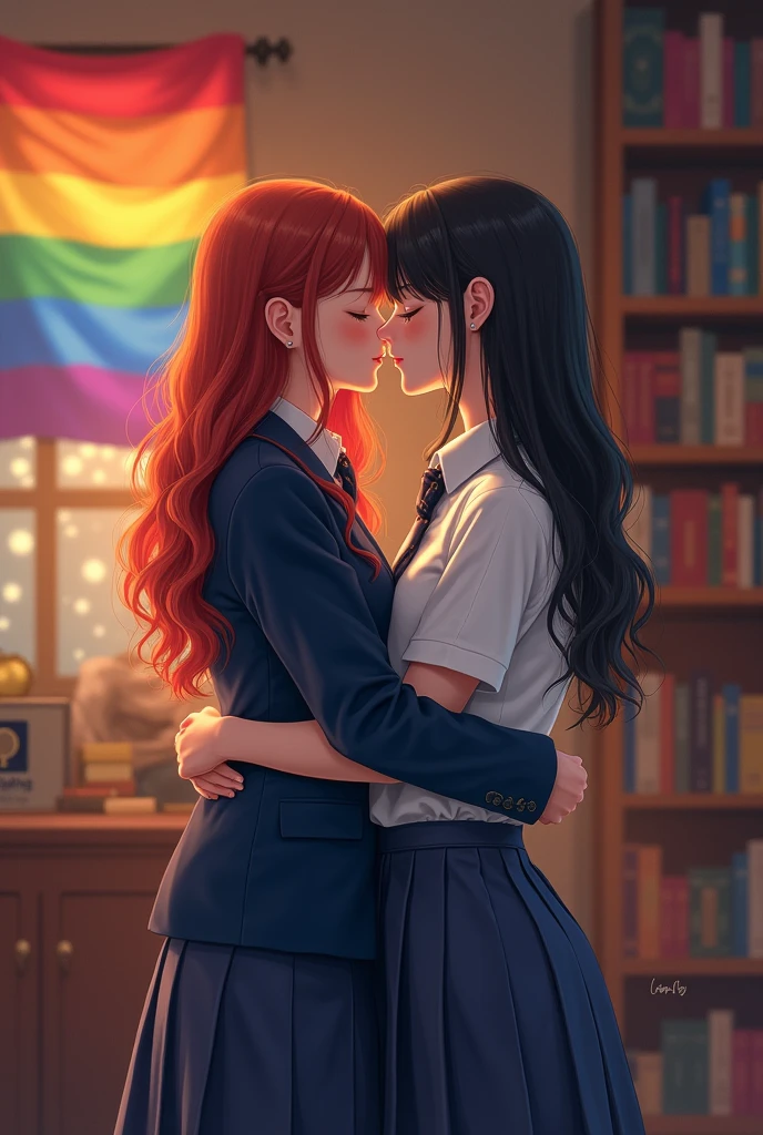 Image 15,88 × 23,50 cm. A lesbian couple kissing. A 17 year old redhead with long hair wearing a school uniform, navy blue blazer and pleated skirt and the other, 17 years old, with long black hair, wearing the same pleated skirt and white blouse. room with books, rainbow flag. female symbol. The image for the book cover