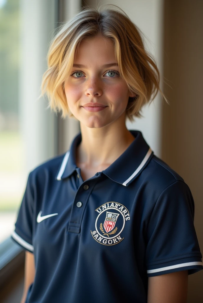 16 year old girl with short golden hair, blue eyes and wearing the UA uniform