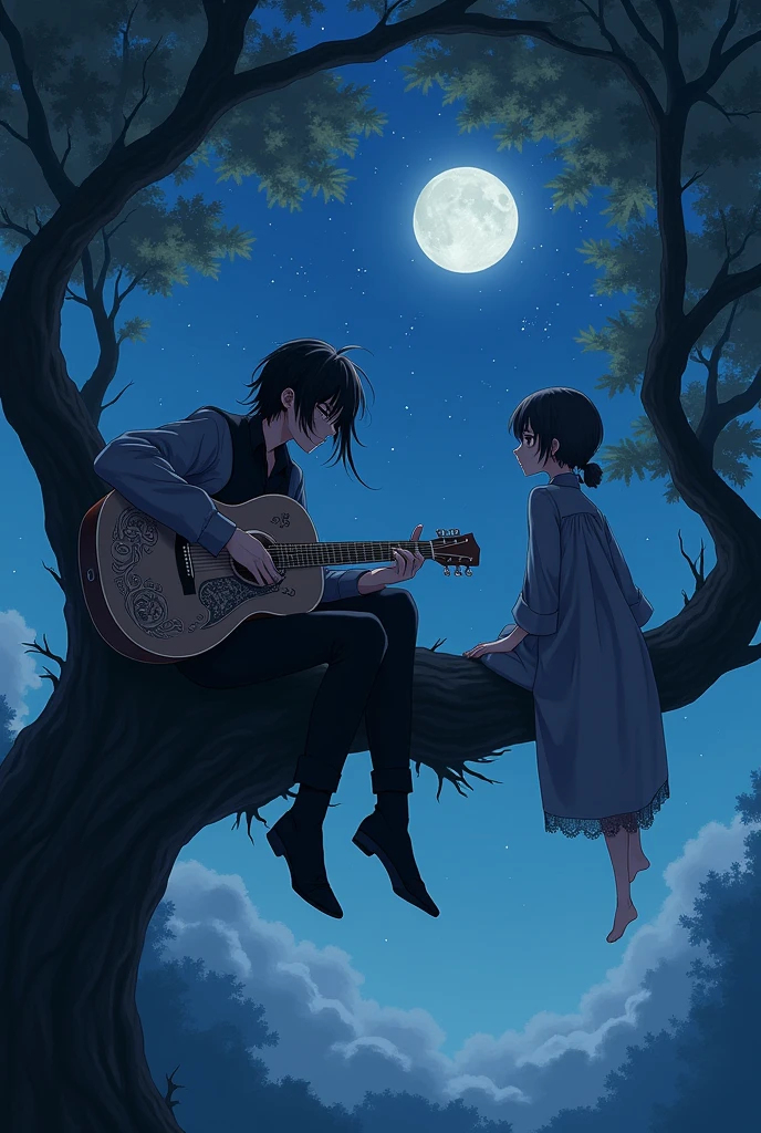 A young man with his guitar with very very long hair dressed in black playing guitar in a tree under the starry sky and at the other end of the tree a girl dressed in grey watching the young man attentively (anime version)