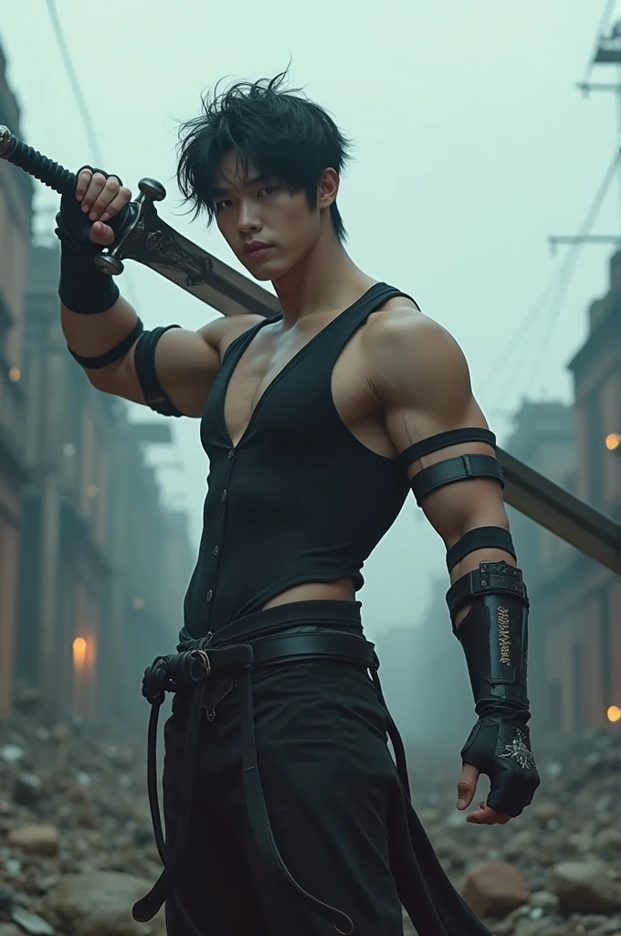 Jungkook holding a buster sword