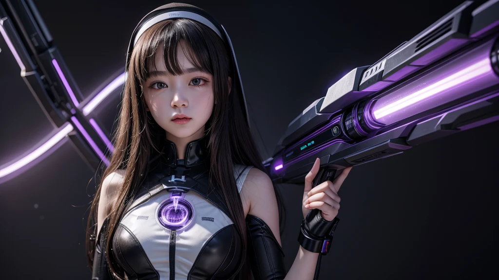 Girl ,Girl 12 year old , mechanical face , futuristic nun dress ,flat chest ,long brown hair bangs ,(loli body), diadem-mechanical, Purple LEDs ,halo of violet light ,purple energy core in chest , quality, 8k ,now uniform , brazos cyborg. Metal Mechanical Limbs, mechanical legs .Power cables connected to the machine.. Circuits , praying.