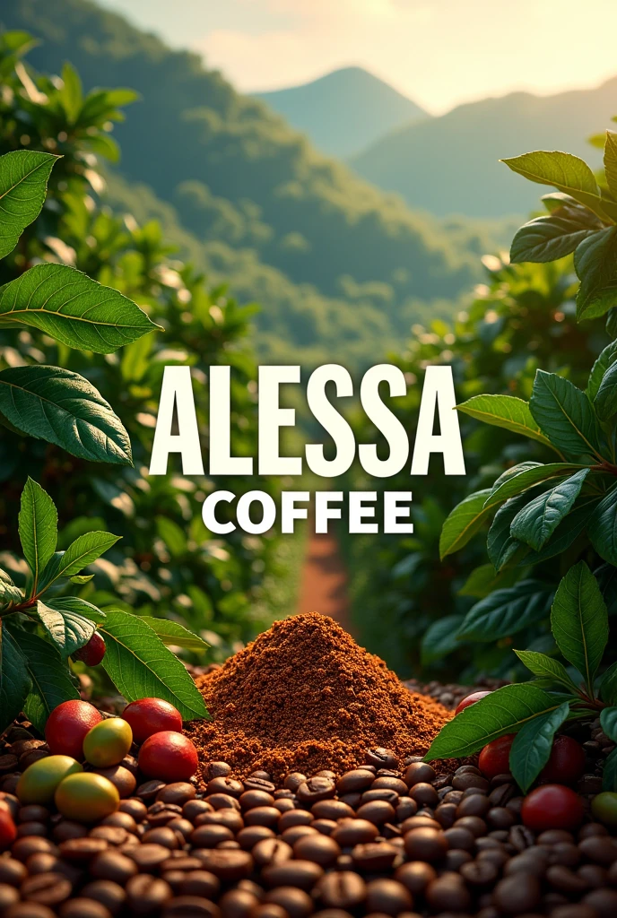 Create green mountains full of coffee plants, in the center of the image say ALESSA COFFEE PREMIUM COFFEE 100% JINOTEGANO and below there are ripe and green coffee seeds and roasted and ground coffee seeds and the image has intense colors
