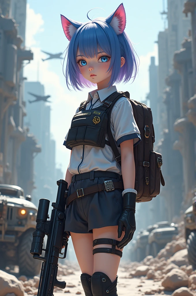 ((Best Quality)), ((masterpiece)), (detailed), (original), (realist), Short hair girl, medium light blue eyes, cat ears, soft smooth skin, small mouth, pink, glow, parts, introvert, shy, angelic, Whole body, pants with belt, pistol belt on leg, Military equipment, white shirt with details, leather boots with pointed toe, bulletproof vest, survivor, war ruins background, dystopian, textura refinada glow, costume weapon rifle sniper, high caliber bullets, mixed clothing, Blue and purple locks of hair, combat potion, massive combat defense, evasion, gloves, schoolbag, upper rank, Elite, armored vehicles, helicopters, planes, training challenge,