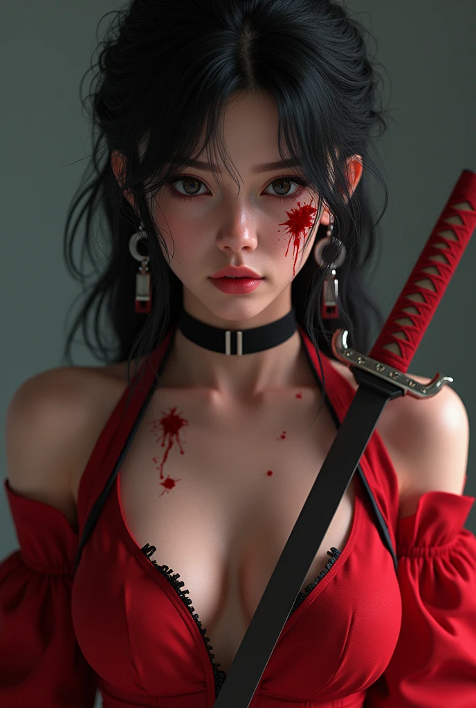 a close up of a woman in a red dress with blood on her chest, female rouge assassin, badass anime 8 k, blood knight, 3 d render character art 8 k, deviantart artstation cgscosiety, katana zero video game character, female vampire warrior, cyberpunk angry gorgeous goddess, trending on artstation 4k, trending on artstation:3