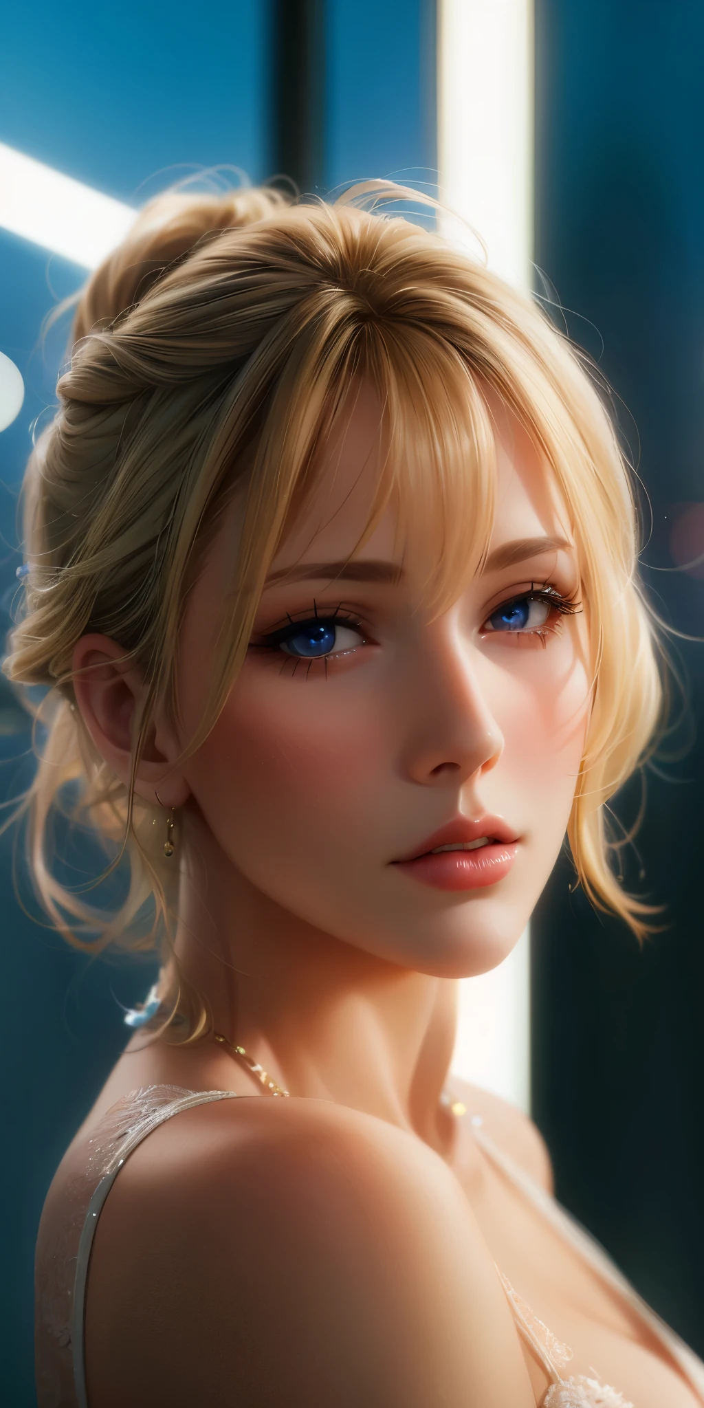 A sultry blonde bombshell, with luscious locks and subtle blond tips, sashays shamelessly across the dimly lit bar. Shallow depth of field and Chiaroscuro Lighting Style create a dramatic atmosphere, partially covering her in shadow. The crowd blends into the background as she strikes a provocative pose, bathed in a warm glow. Lens flare: 0.4, Cinematic Bokeh: 1.3.