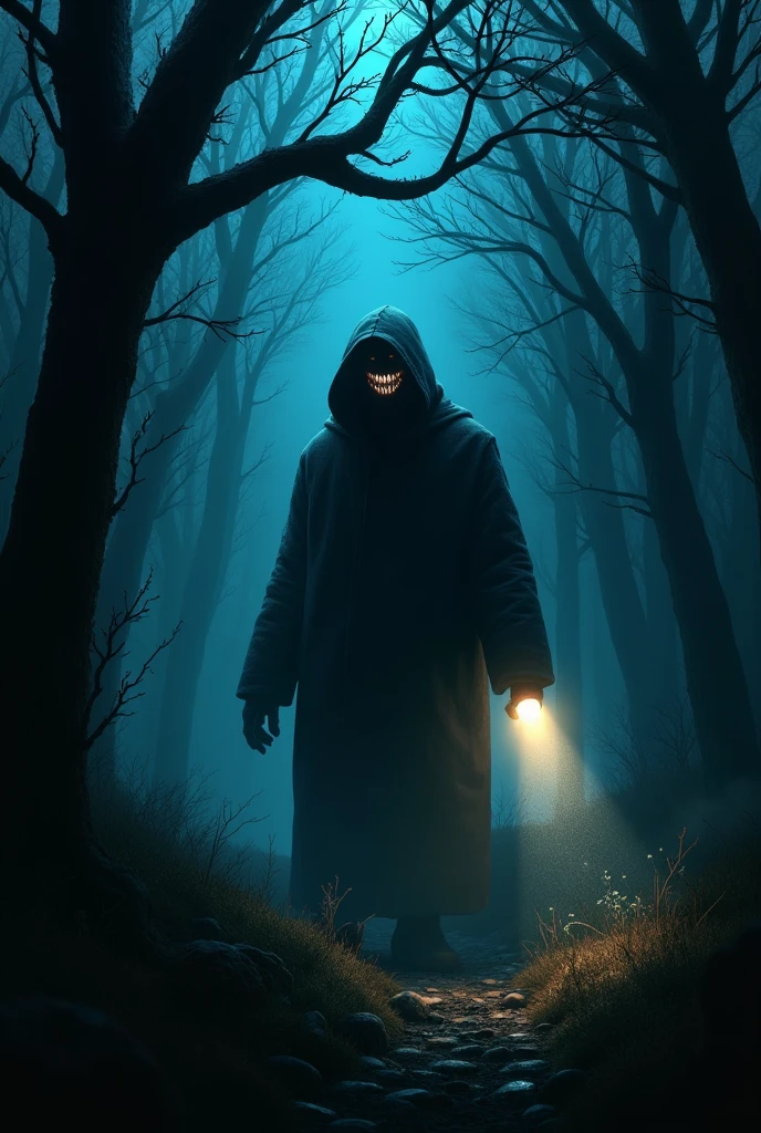 SinalFlare, a scary man in the forest at night, holding a cell phone flashlight in his hand, (artwork:1.2), absurd resolution, high resolution, ultra res, intricate details, ultra details, very detailed