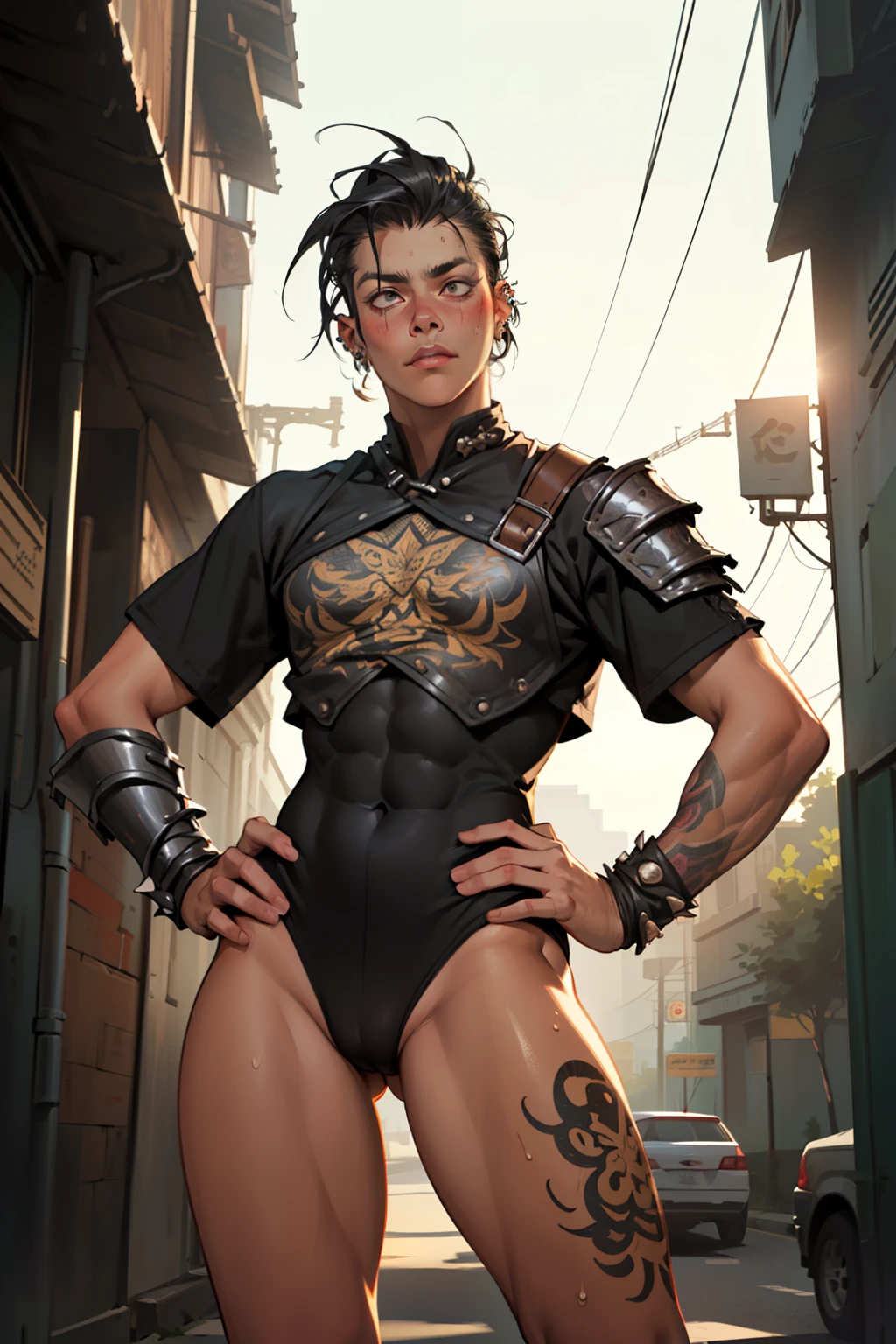 (high resolution, pixel perfect, gorgeous illustrations), (hyper quality, muste piece, etheric: 1.4), ((nsfw)), (((cowboy shot))), face focus, ((solo)), (((Androgynous, boyish))), (((sun_wukong, girl))), (((((punk))))), hot Rocker punk girl, ((((hand on hip, open stance)))), cool atmosphere, black hair, ((((very_short_hair, slicked_back_hair)))), ((((piercing)))), eyelid_piercing, nose_piercing, (((Exquisite face, aroused))), blush, tattoo, ((((muscular_female)))), (ideal ratio body proportions, slender, small breasts), fighter, ((((very hairy)))), (((highleg_leotard_armor))), (((cameltoe))), sweat, shiny skin, gleaming skin, simple background,