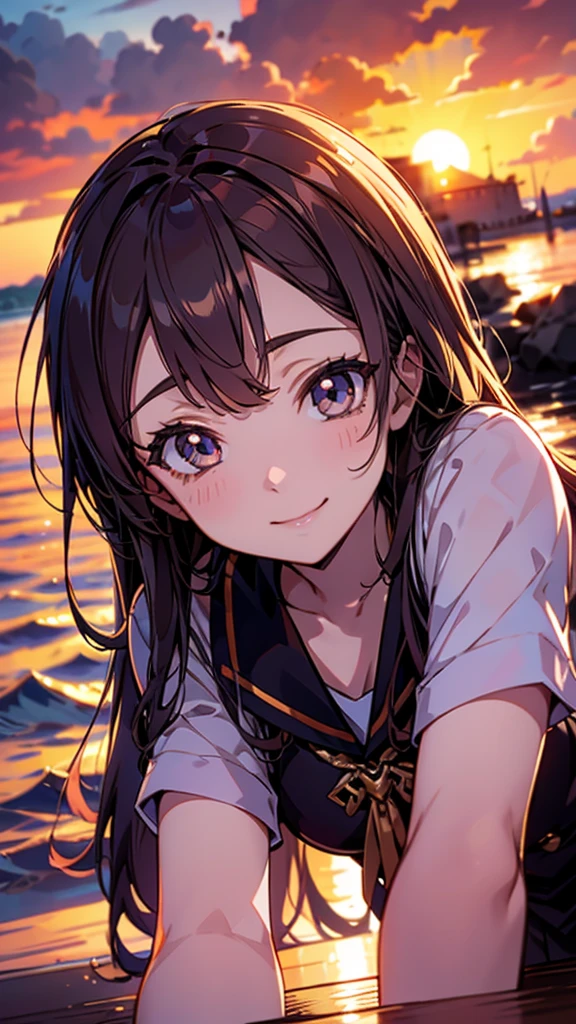 anime style, in the sky, over the sea, two eyes open, eyes detailed, in a sunset, smiling, masterpiece, 4k, detailed face, good anathomy, highlights,  