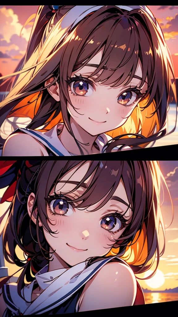 anime style, in the sky, over the sea, two eyes open, eyes detailed, in a sunset, smiling, masterpiece, 4k, detailed face, good anathomy, highlights,