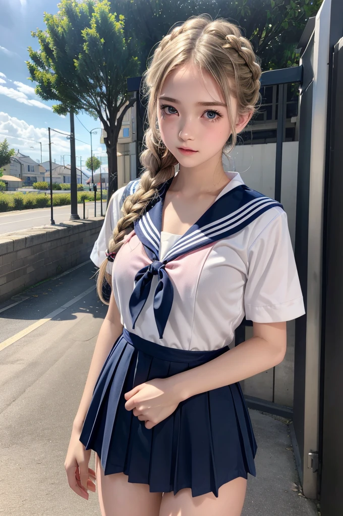 ((Highest quality)), ((masterpiece)), (detailed), (french braid blonde), hair ribbon, (A beautiful  girl:1.2), (Sailor suit:1.2), upper body shot, (covered nipples), (Blushed:1.3), shame, Confused expression, Half-open mouth, Shiny skin、Thin eyebrows、tears, Scenery in front of the school gate, Fresh morning breeze