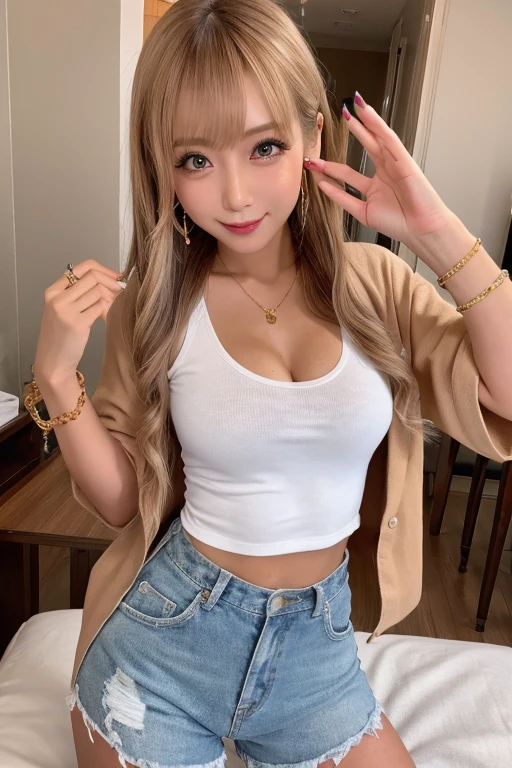 (Highest quality、4K、8k、High resolution、masterpiece:1.2)、Very detailed、(Genuine、Realistic、Realistic:1.3)、blonde、Japanese girl、Gal Makeup、Standing in the room、Full body photo、((Big Open Shirt))、Shorts、Saggy breasts、slightly flabby belly、Gold Necklace、piercing ear、 piercing navel、piercing tongue 、piercing nipple、 piercing、Gold Bracelets、Sticking out tongue