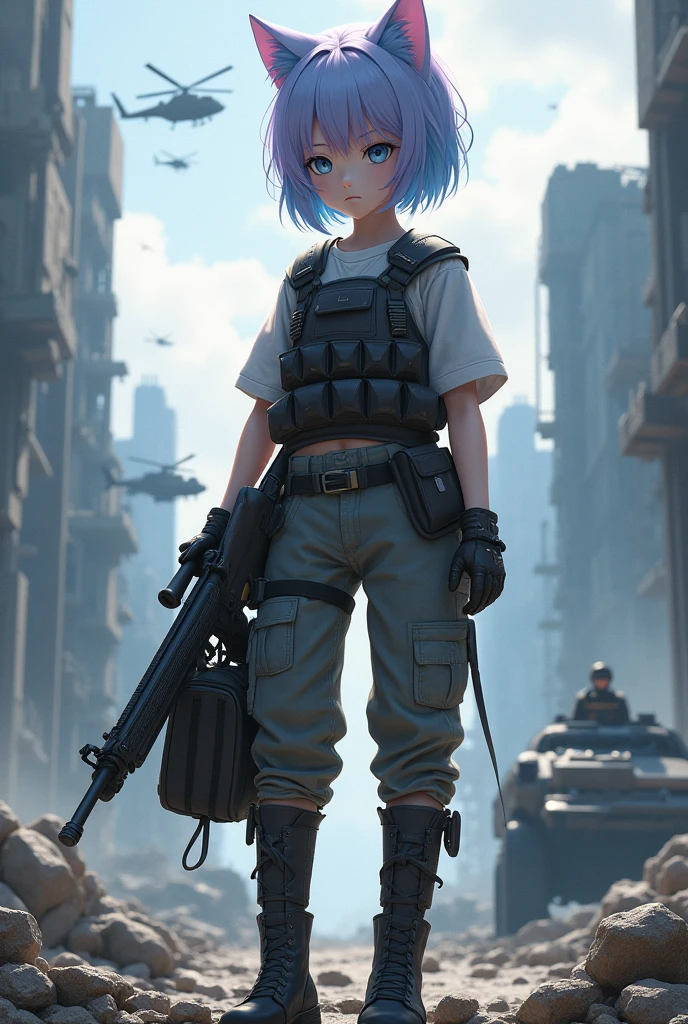 ((Best Quality)), ((masterpiece)), (detailed), (original), (realist), Short hair girl, medium light blue eyes, cat ears, soft smooth skin, small mouth, pink,  glow, parts, introvert, shy, angelic, Whole body, pants with belt, pistol belt on leg, Military equipment, white shirt with details, leather boots with pointed toe, bulletproof vest, survivor, war ruins background, dystopian, textura refinada glow, costume weapon rifle sniper, high caliber bullets, mixed clothing, Blue and purple locks of hair, combat potion, massive combat defense, evasion, gloves, schoolbag, upper rank, Elite, armored vehicles, helicopters, planes, training challenge, 