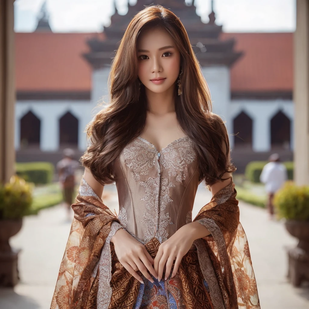 full body image, a beautiful woman from Indonesia with long straight hair wearing a closed kebaya and batik cloth on a skirt, wearing a shawl style style in front of the palace, realistic ultra HD 100k sharp detail