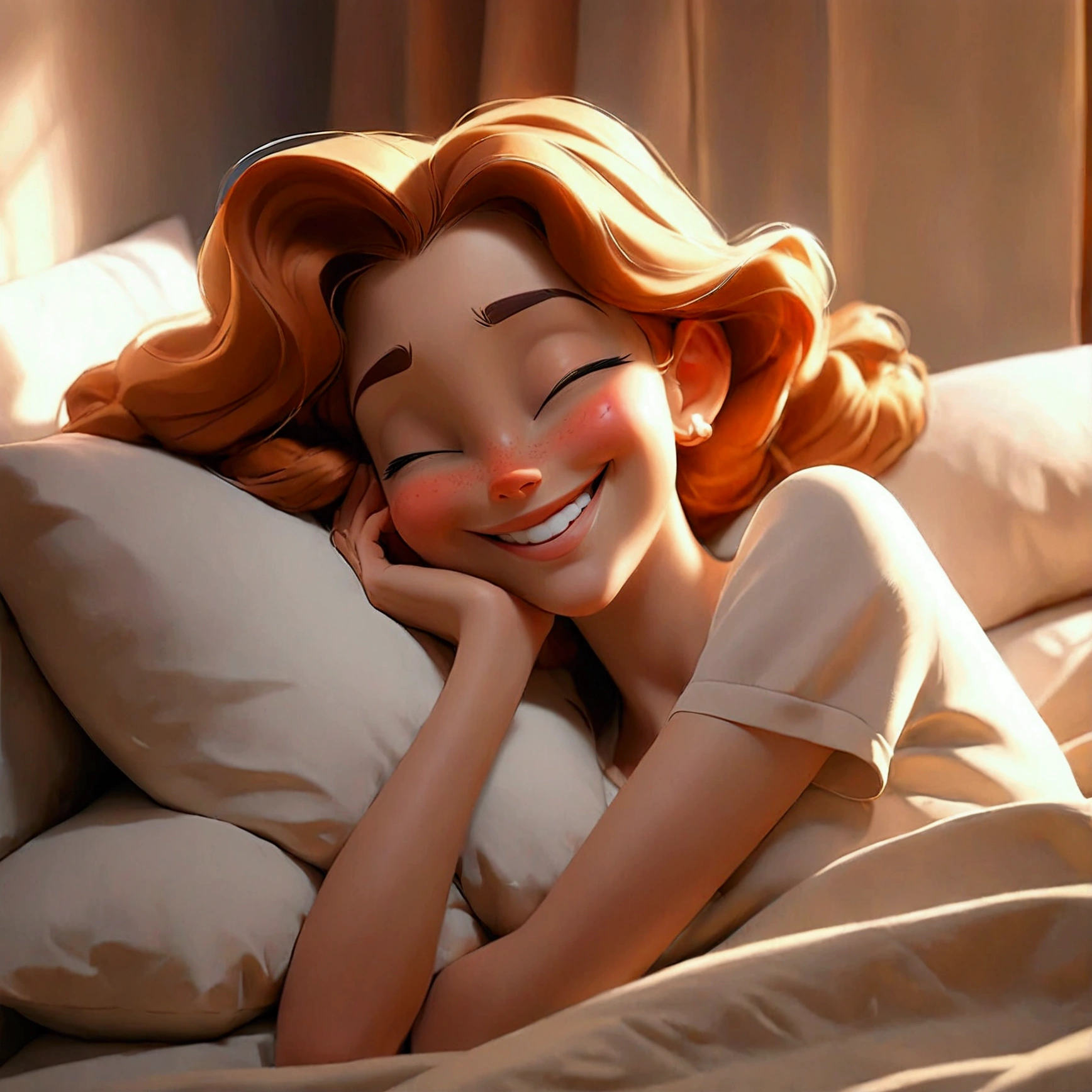 plus size, plus size anime, anime style, happy, smiling, blushing, sweet, cute, close-up, stuffed animals, bedding, bedroom setting, sunbeams, soft, playful, ginger hair, red hair, cozy, delicate theme