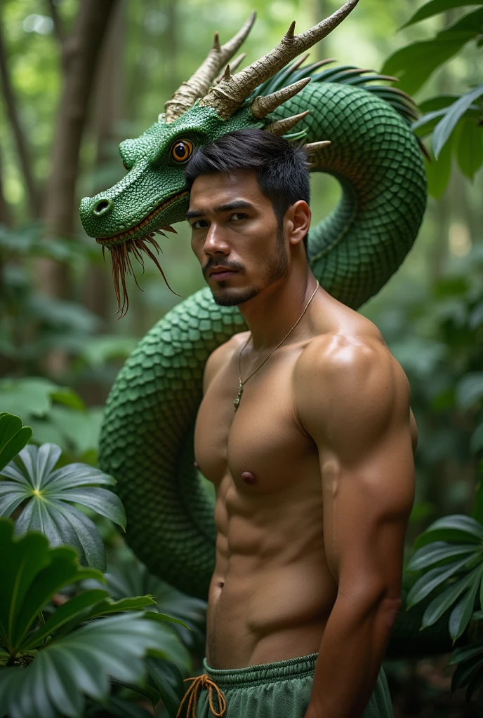 sexy hunk in a jungle with chinese green dragon