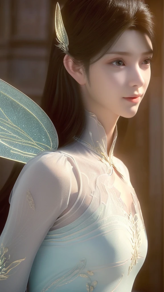 Masterpiece, highest quality, (((masterpiece))), (((highest grade))), ((extra fine)), (illustration), ((extremely delicate and beautiful)), dynamic angle, floating, (fairy Wings: 1.4), (beautiful detailed eyes), (detailed light), (1 girl), medium bust, medium long hair, dark brown sparkling eyes, dark brown hair, bodycon dress, natural, (sunlight), (painting), (sketch), (flower), slight smile, pastel colors, complete anatomy, upper body, highly detailed beautiful face,