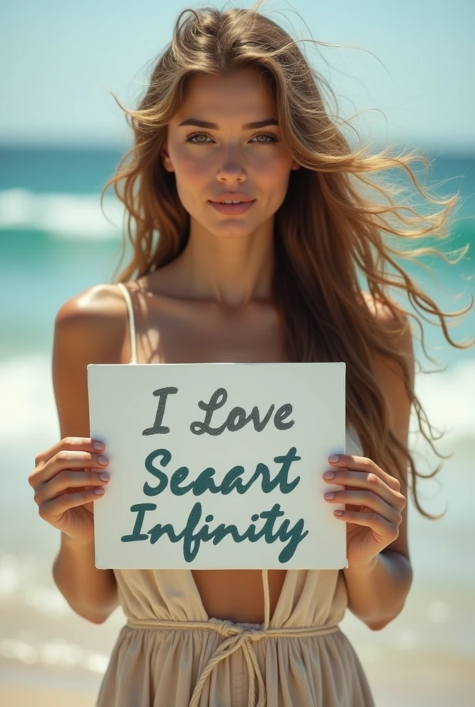 Beautiful girl with wavy long hair, bohemian dress, holding a white board with text "I Love Seaart Infinity" and showing it to the viewer