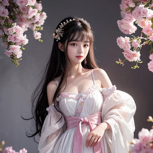 best quality, Delicate face，beautiful visual work, lifelike, eternity, black hair, Long curly hair, blunt bangs, Smile, Detailed Background, Delicate face，blush，cold，((masterpiece))、(top quality)、8k、high detail、Super detailed，21 years old female，身穿唐制Hanfu、waist skirt, Clothes are light and fluffy，Hanfu, wide sleeves, Transparent sleeves, Tunic, Clothes made of chiffon, masterpiece、born、Scenes resembling fairy tale illustrations、intricate details和複雜的設計、Beautifully、magic、capricious、 Beautifully、Dream aesthetics、「𝓡𝓸𝓶𝓪𝓷𝓽𝓲𝓬、ethereal、charming、fickle、magic」、realism、Visual effects、FXAA、SSAO、Shader、voiceless、ambient lighting、Tone mapping、High resolution、Ultra high quality、Million pixels、(8K resolution:1.10)、8k、8k以下、8K resolution、high detail、intricate details， (high quality:1.2、masterpiece:1.2、:1.21)、(21 years old female:1.21)、(興奮地Smile)、(被dream般的氛圍所包圍、Model diagram，full-body shot，Normal 2 feet，Put your hands behind you，The protrusion of the breast is visible when wearing clothes, Large Breasts, H cup chest, antiquity, Xian Xia, gauze clothes, Soft and fluttering, Fairy, dream, fantasy, light, Elegant, nature, Immortal, romantic, classical, ribbon,Chinese style, The background is Chinese architecture