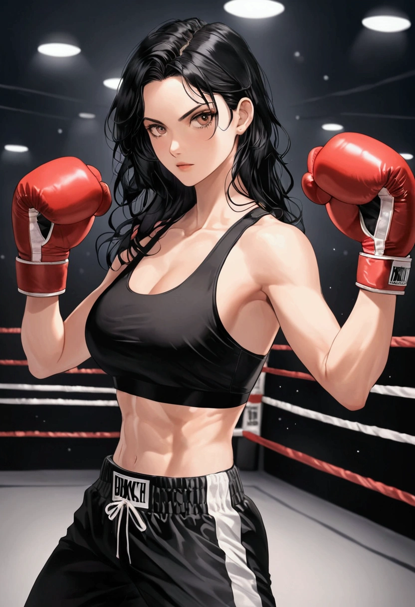 Woman boxer, long black hair, handsome face, boxing gloves, sports bra, toned, boxing stance, long black pants, looking at viewer