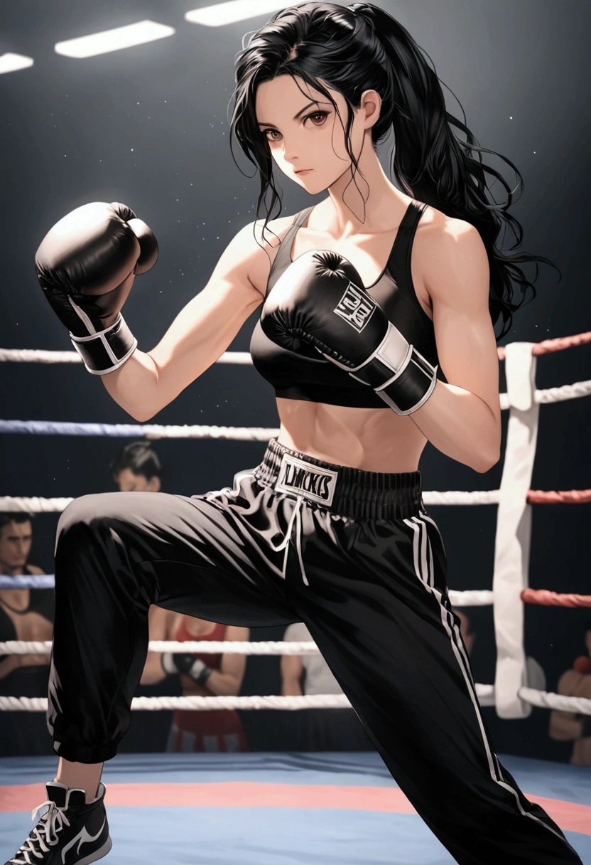 Woman boxer, long black hair, handsome face, boxing gloves, sports bra, toned, boxing stance, long black pants, looking at viewer