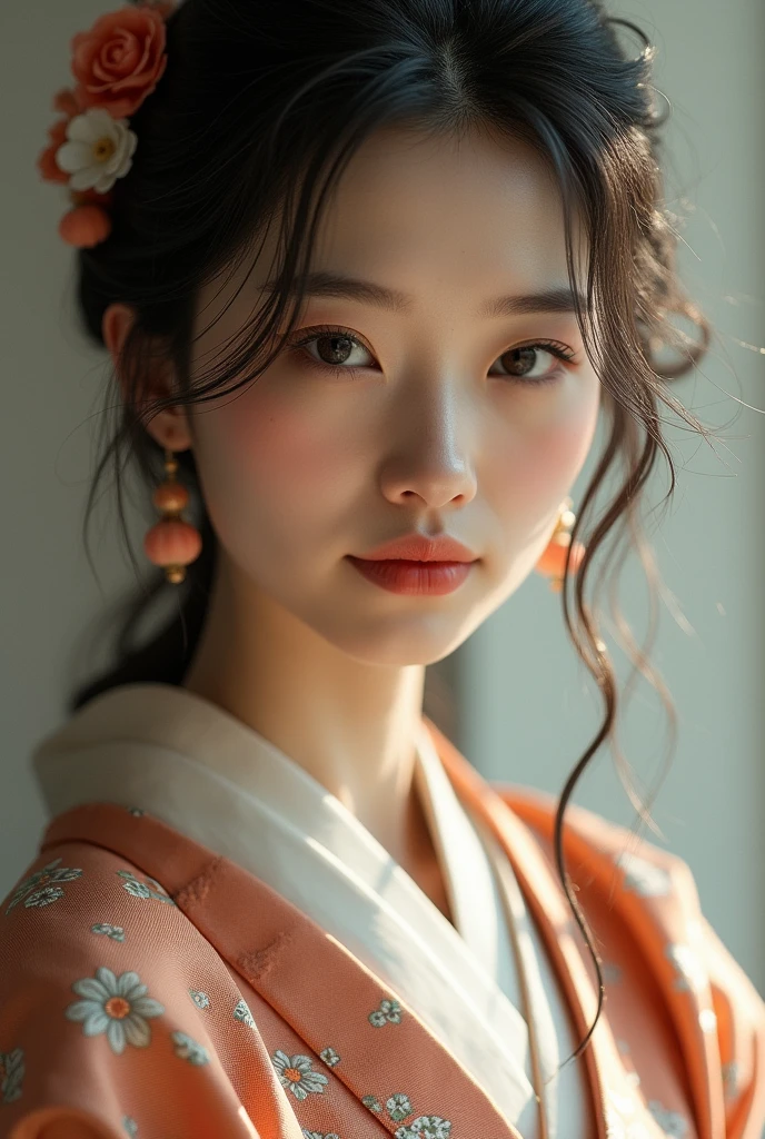 An elegantly dressed Japanese woman in natural light、A close-up of her chest and calm expression.、It shows her inner peace and outer charm.。