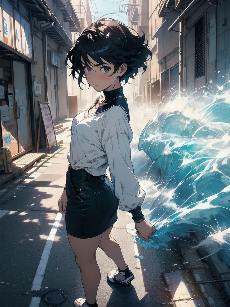 "((workshop)), perfect quality, fat, bulging, full body, stunning beauty, jeanfavonian, small breasts, (high-quality anime, Makoto Shinkai), angry, blush, standing on the street near the river next to the village, hands on chest, looking at the viewer, without gauntlets. Short hair blowing in the wind, the background is simple and blue, and the gaze is directed downwards at a low angle, a bright lightning.