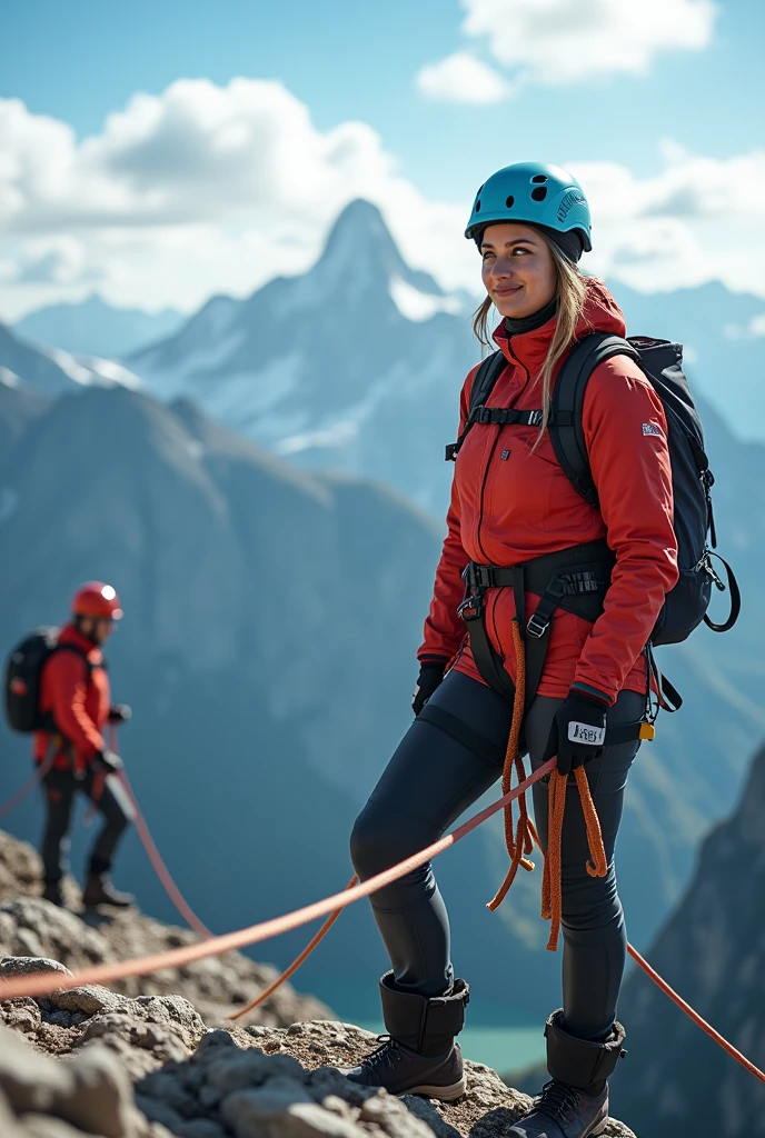 A group of experienced climbers, Practice rope rescue techniques in the mountains, Beautiful female climber shows courage and tenacity as she reaches the summit, Rely on a rope for support and safety. This scene captures a spectacular view from the top of the mountain., Highlights breathtaking heights and challenging terrain. In this tip、With the Emergency Response Team, Cutting-edge rope rescue technology. The entire scene was shot in Ultra HD (4K, 8k), To ensure maximum detail and realism. The scene is carefully lit in a studio-like environment, Increase visual impact. In this tip、The involvement of the International Rope Technology Association is highlighted。.