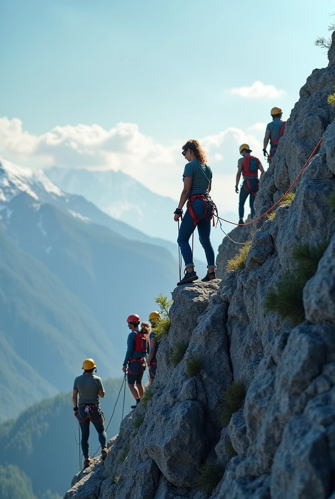  A group of experienced climbers, Practice rope rescue techniques in the mountains, Beautiful female climber shows courage and tenacity as she reaches the summit, Rely on a rope for support and safety. This scene captures a spectacular view from the top of the mountain., Highlights breathtaking heights and challenging terrain. In this tip、With the Emergency Response Team, Cutting-edge rope rescue technology. The entire scene was shot in Ultra HD (4K, 8k), To ensure maximum detail and realism. The scene is carefully lit in a studio-like environment, Increase visual impact. In this tip、The involvement of the International Rope Technology Association is highlighted。.