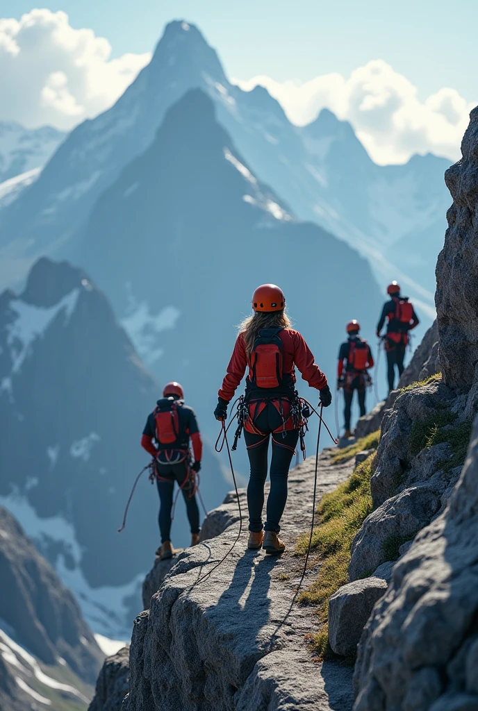  A group of experienced climbers, Practice rope rescue techniques in the mountains, Beautiful female climber shows courage and tenacity as she reaches the summit, Rely on a rope for support and safety. This scene captures a spectacular view from the top of the mountain., Highlights breathtaking heights and challenging terrain. In this tip、With the Emergency Response Team, Cutting-edge rope rescue technology. The entire scene was shot in Ultra HD (4K, 8k), To ensure maximum detail and realism. The scene is carefully lit in a studio-like environment, Increase visual impact. In this tip、The involvement of the International Rope Technology Association is highlighted。.