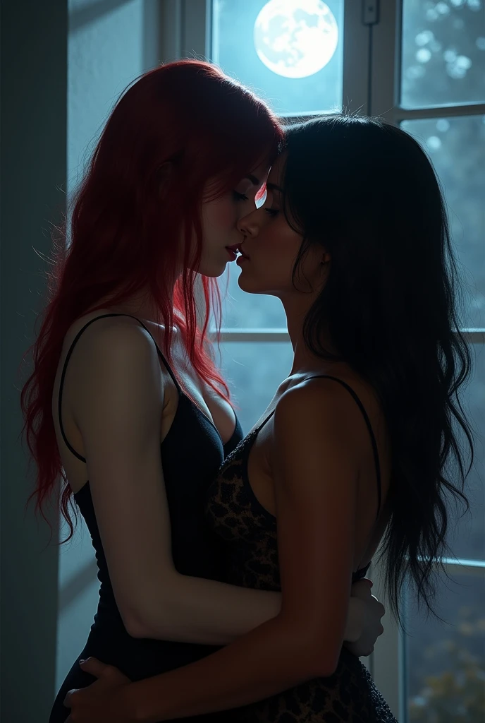 Teenage gothic woman with short red hair wearing glasses and a short black blouse with low cut legs, long black tights and a string thong with a curved waist and big thighs and a big butt passionately kissing a mature gothic woman with long curly red hair and wearing glasses and in lingerie with a string thong and a curved waist with big thighs and a big butt 