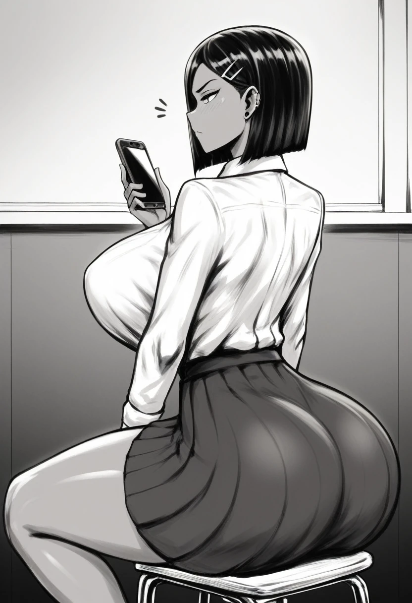 Monochrome, slightly dark skin, skirt, Japanese high school skirt, tight dress shirt, inverted bob hairstyle, very light color hair exterior, light color hair interior, sexy soft face, sexual face, extremely feminine face, female jawline, manga style, (direct side view image, pov side profile view), ((((extremely big breasts, extremely Wide hips, extremely big ass, thick thighs, thicc, busty, big ass)))), black choker, a annoyed expression, annoyed face, slightly annoyed expression, (((back on a wall, back on wall, subject’s back is on wall, back on wall, wall behind subject, wall behind, wall behind))), crisscross hair clip on left side of hair, subject is looking at phone in right hand, black ear piercing, detailed, masterpiece, 8k image, beautifully detailed, sitting down, sitting on Japanese’s school chair, in club room, interior Japanese high school club room,