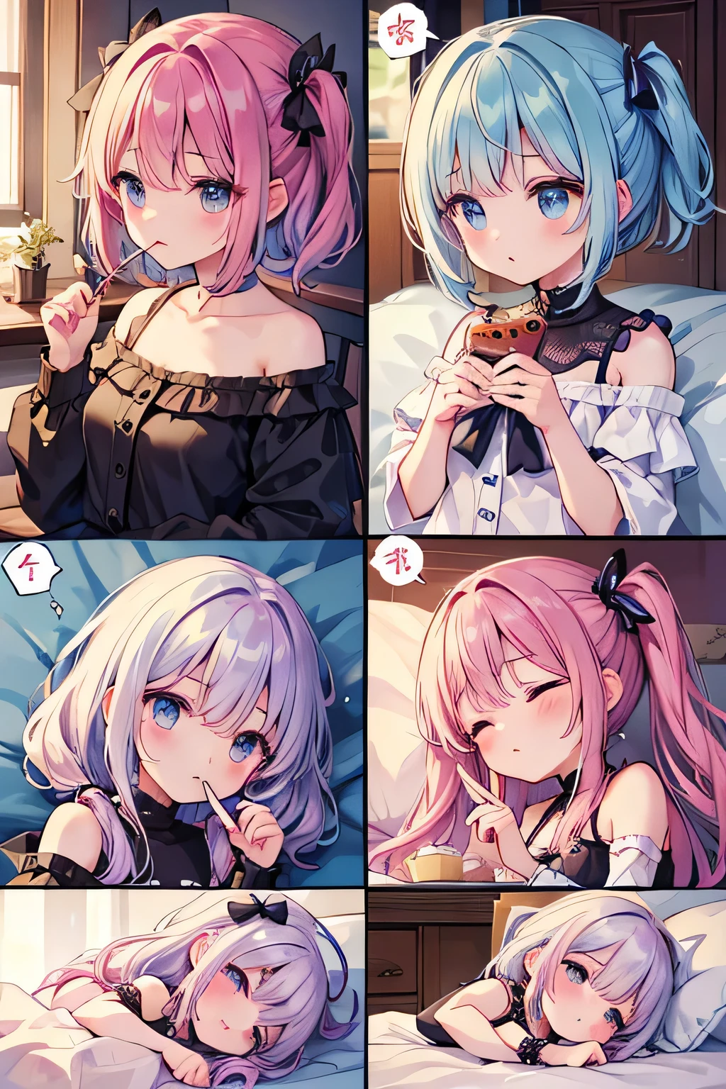 Highest quality、High resolution、Detailed Background、(Beautiful face in every detail:1.4)、Anatomically correct、(Normal number of fingers:1.2)、Highly detailed face、Detailed eyes、age beauty、Perfect body line、Light color hair、Bobcut、ponytail、Twin tails、well-groomed eyebrows、cute gesture、Fun atmosphere、Cowboy Shot、Sleepover、
Talking until late at night、Enjoy eating sweets、Watching movies、There is a lively and bustling atmosphere.、Trying out makeup with friends、With matching hair accessories、I enjoy playing games that are unique to girls.、As we started to get sleepy, we all crawled into bed and listened to scary stories and talked about our dreams for the future.、
From the way they talk with serious expressions、I can sense the mutual respect and trust that exists between us.、
Profile of a tired girl who fell asleep、cute